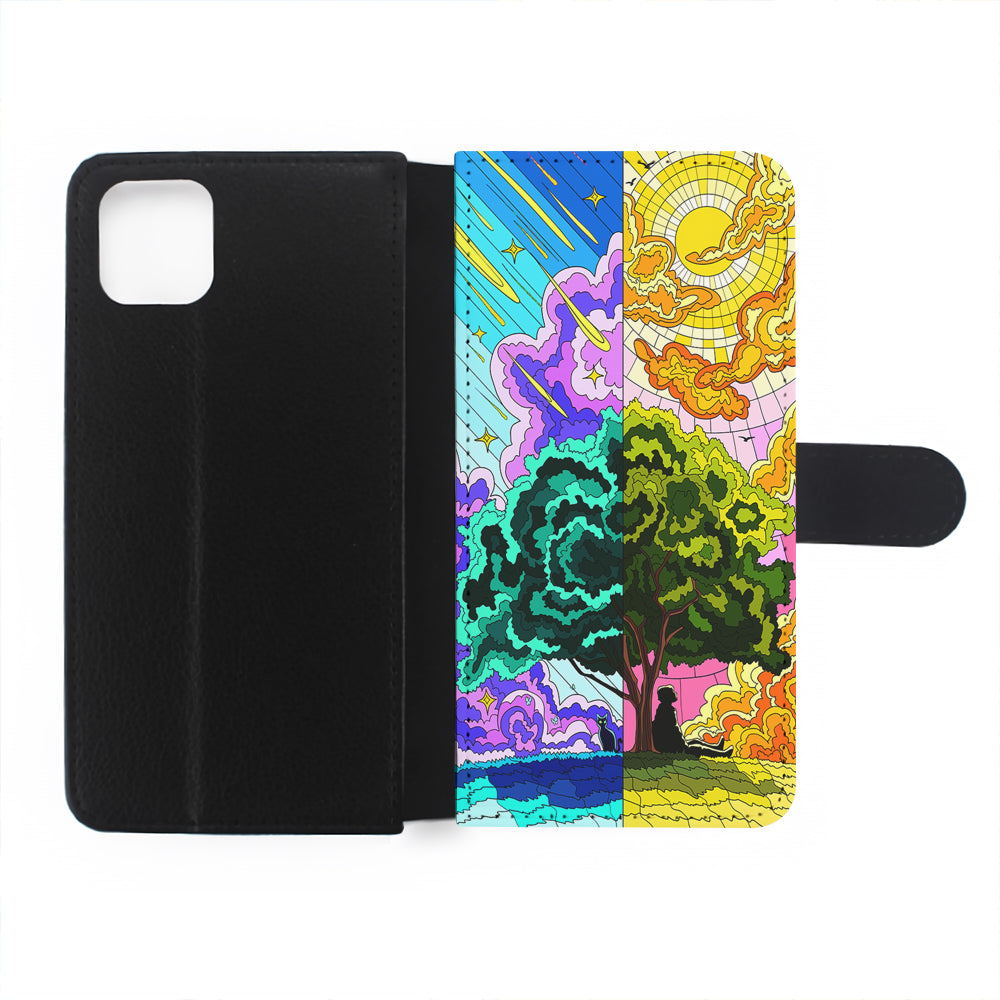 Cat and Men Under The Tree Flip Wallet Phone Case