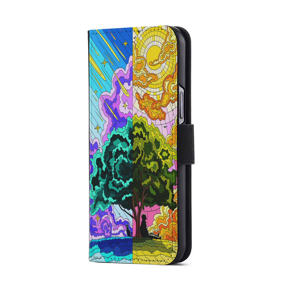 Cat and Men Under The Tree Flip Wallet Phone Case