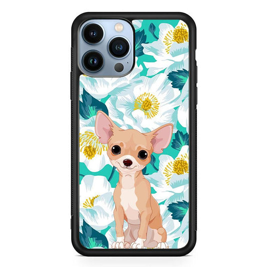 Chihuahua Dog and Flower Blue iPhone 14 Pro Max Case-Rubber White (2D Case)-Oxvistore
