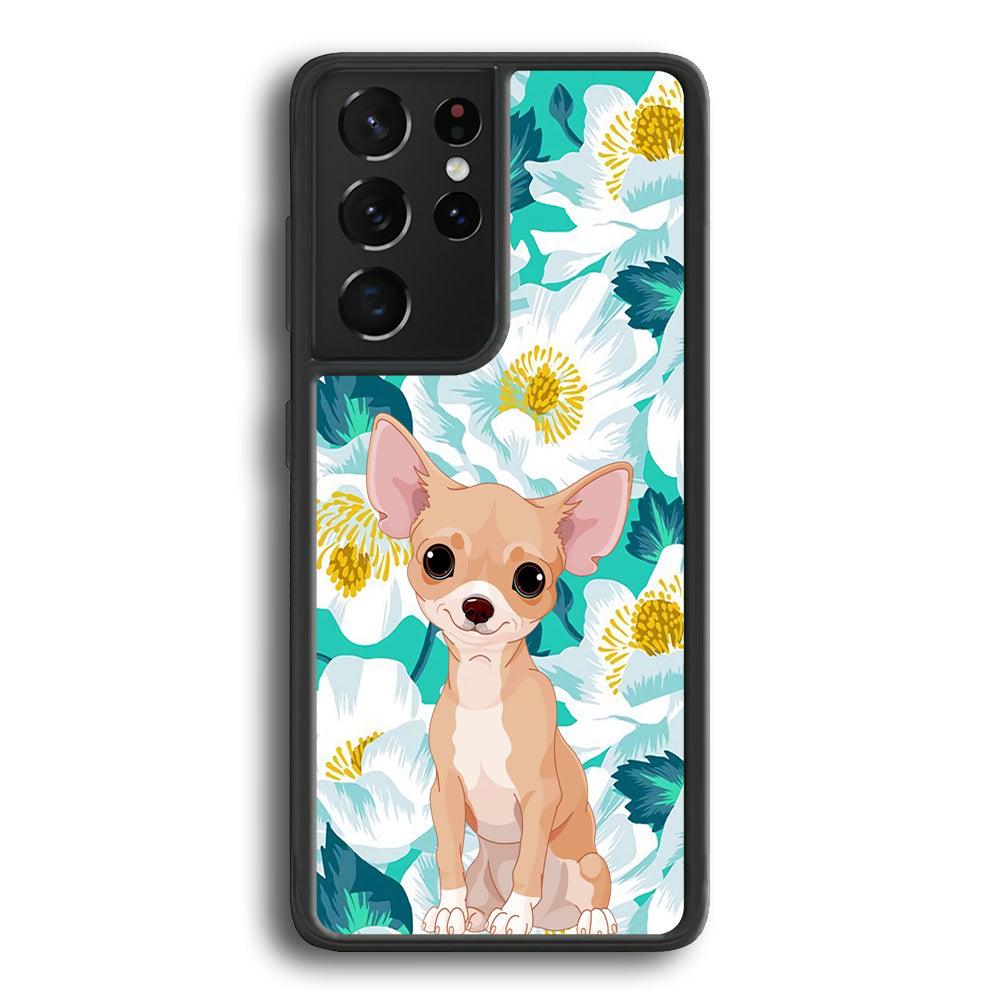 Chihuahua Dog and Flower Blue Samsung Galaxy S23 Ultra Case-Rubber White (2D Case)-Oxvistore