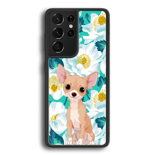 Chihuahua Dog and Flower Blue Samsung Galaxy S22 Ultra Case-Rubber White (2D Case)-Oxvistore
