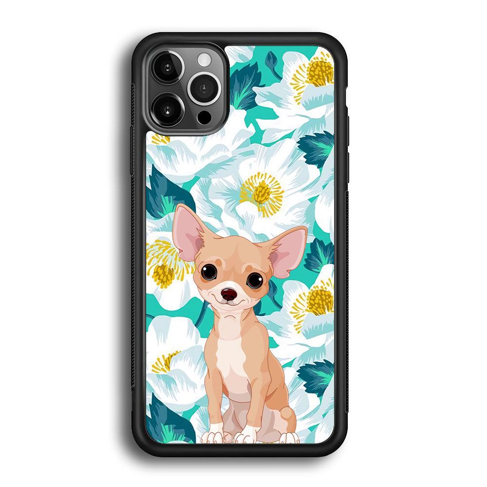 Chihuahua Dog and Flower Blue iPhone 12 Pro Case-Rubber Black (2D Case)-Oxvistore