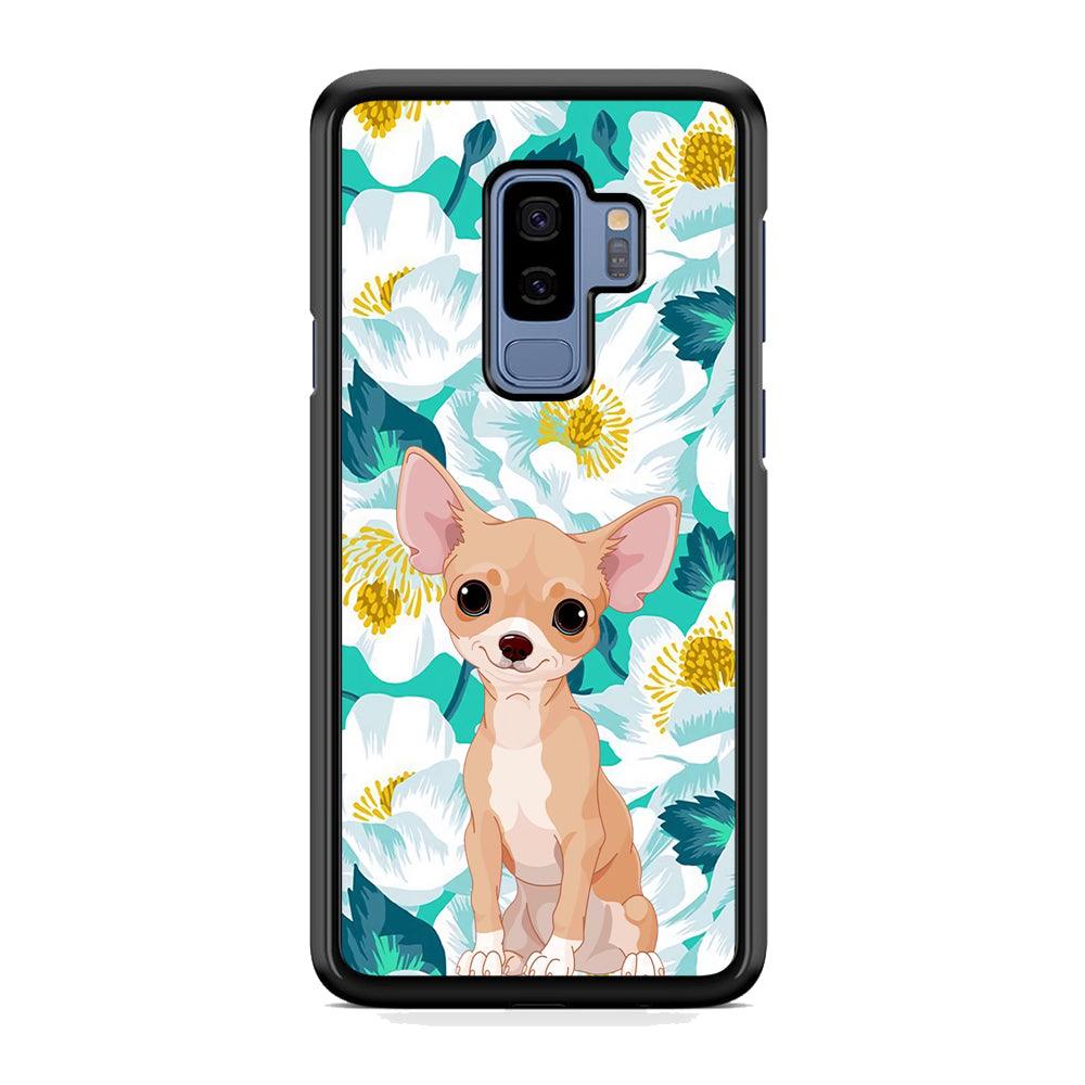 Chihuahua Dog and Flower Blue Samsung Galaxy S9 Plus Case-Rubber White (2D Case)-Oxvistore