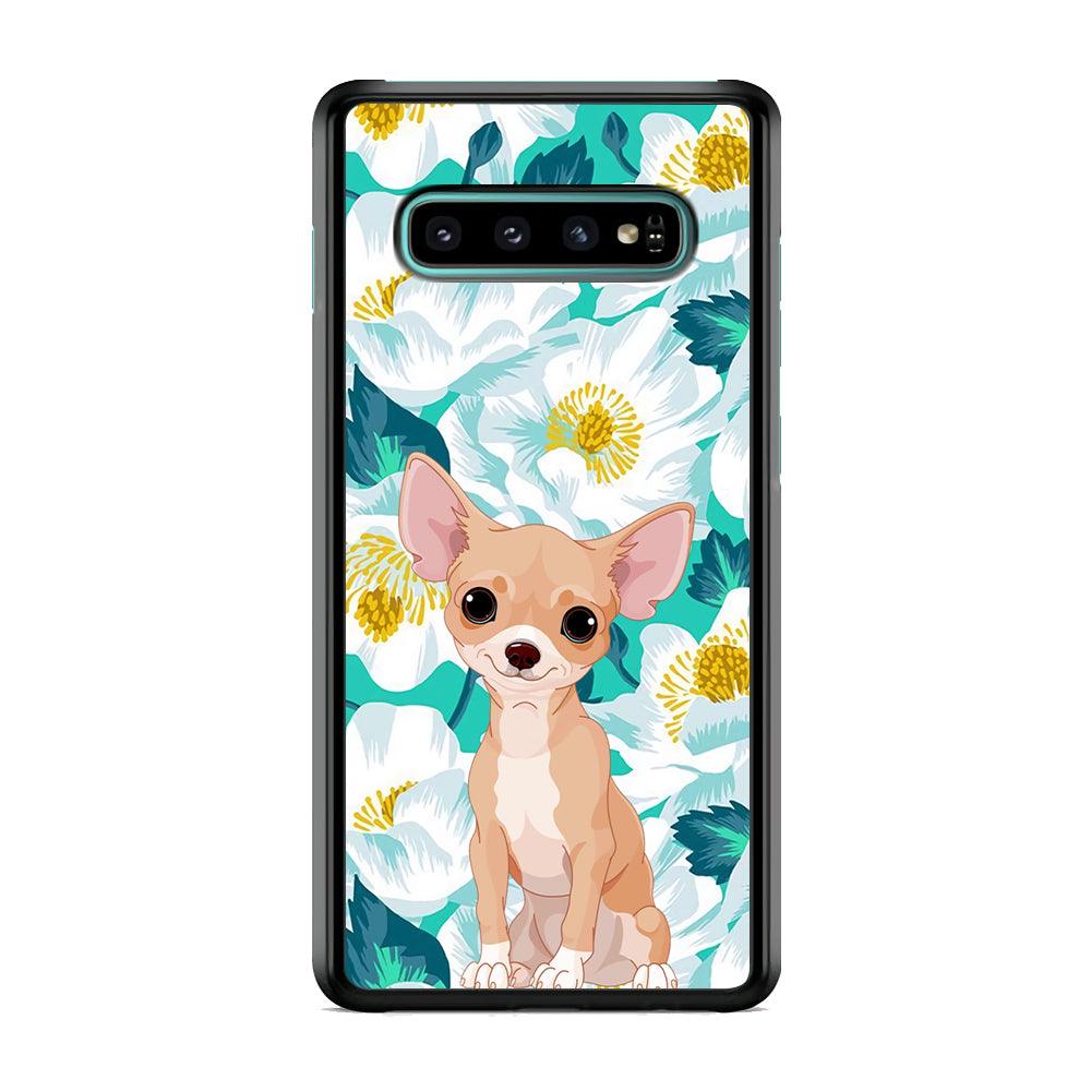 Chihuahua Dog and Flower Blue Samsung Galaxy S10 Case-Rubber Black (2D Case)-Oxvistore