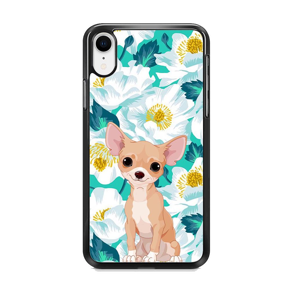 Chihuahua Dog and Flower Blue iPhone XR Case-Rubber White (2D Case)-Oxvistore
