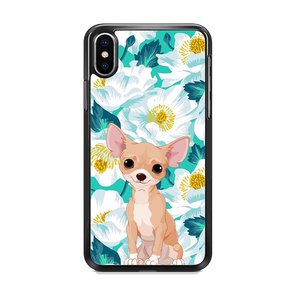 Chihuahua Dog and Flower Blue iPhone X Case-Rubber White (2D Case)-Oxvistore