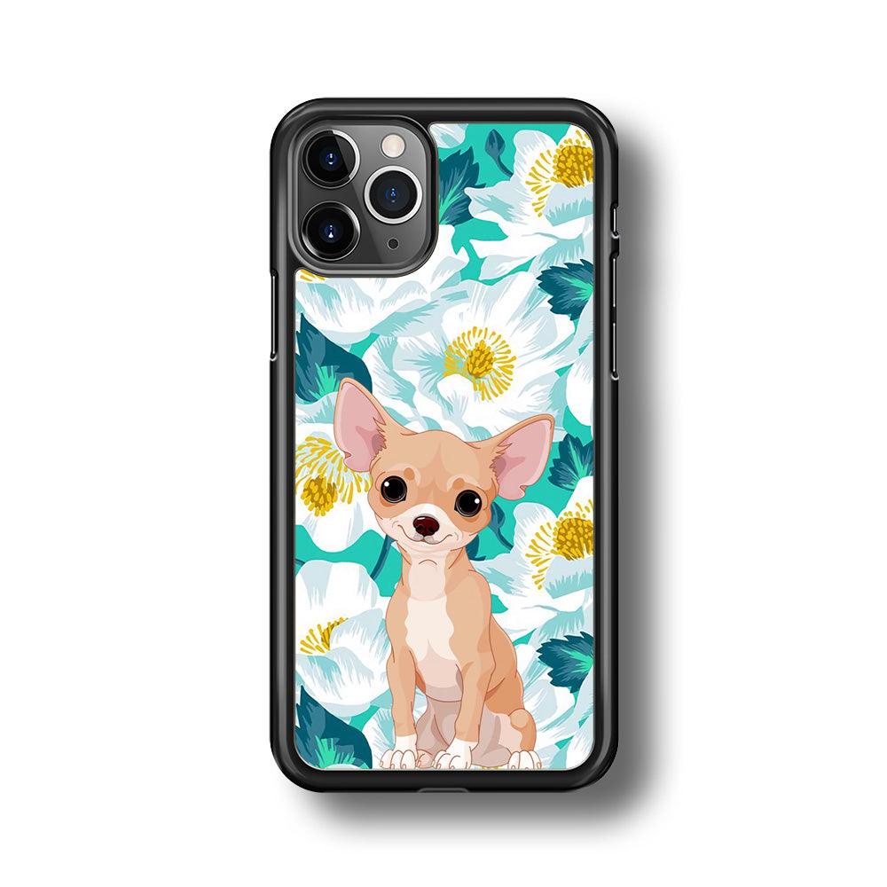 Chihuahua Dog and Flower Blue iPhone 11 Pro Max Case-Rubber Black (2D Case)-Oxvistore