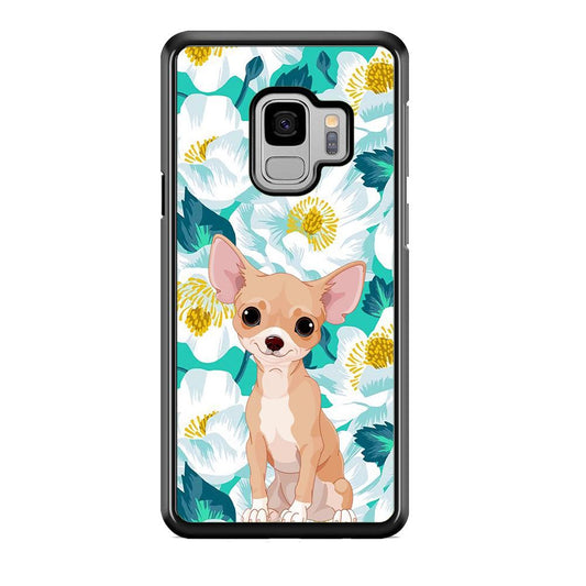 Chihuahua Dog and Flower Blue Samsung Galaxy S9 Case-Rubber Black (2D Case)-Oxvistore