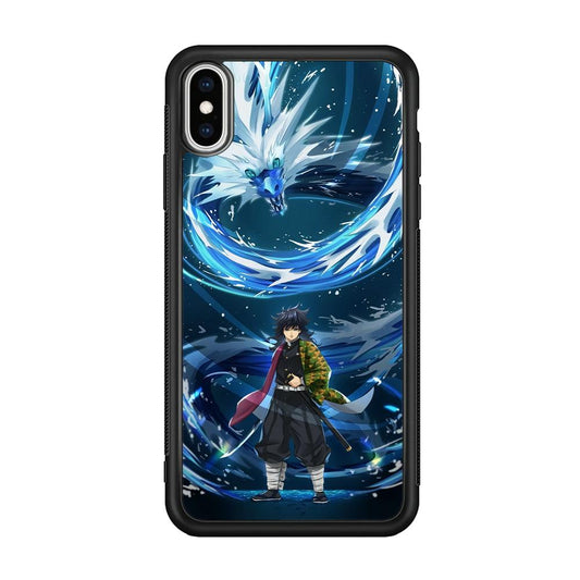 Demon Slayer Giyuu Dragon of Water iPhone XS Case-Rubber Black (2D Case)-Oxvistore