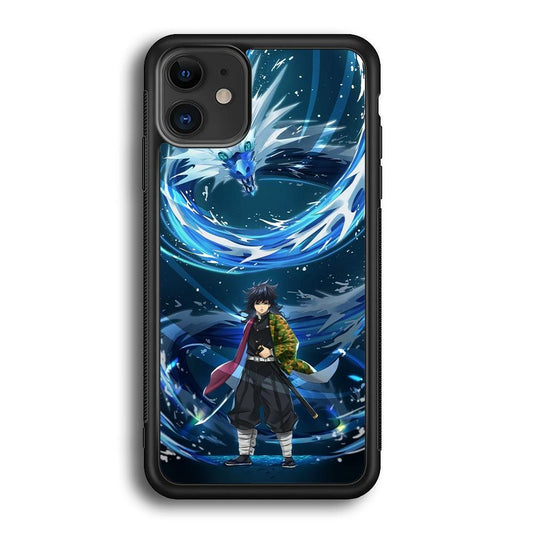 Demon Slayer Giyuu Dragon of Water iPhone 11 Case-Rubber Black (2D Case)-Oxvistore