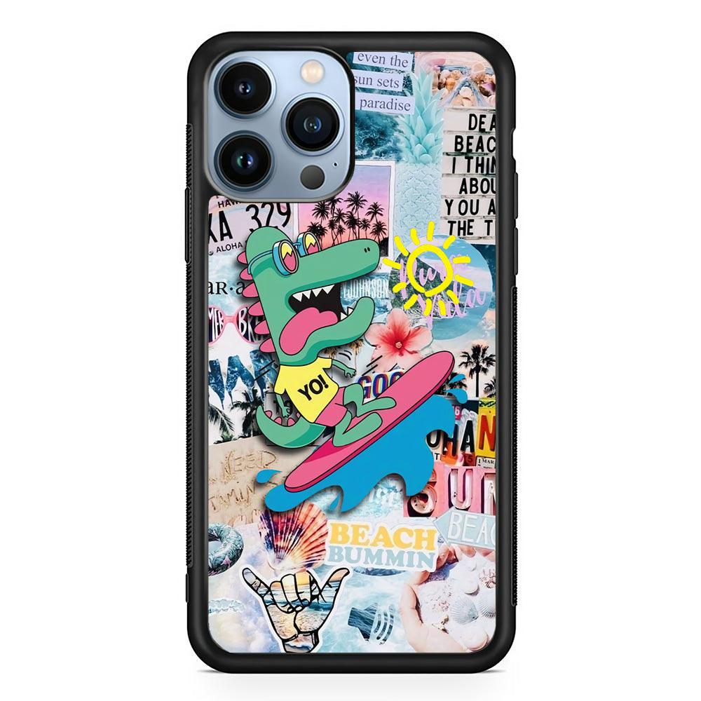 Dinosaur Surfing Time iPhone 15 Pro Max Case-Rubber Black (2D Case)-Oxvistore