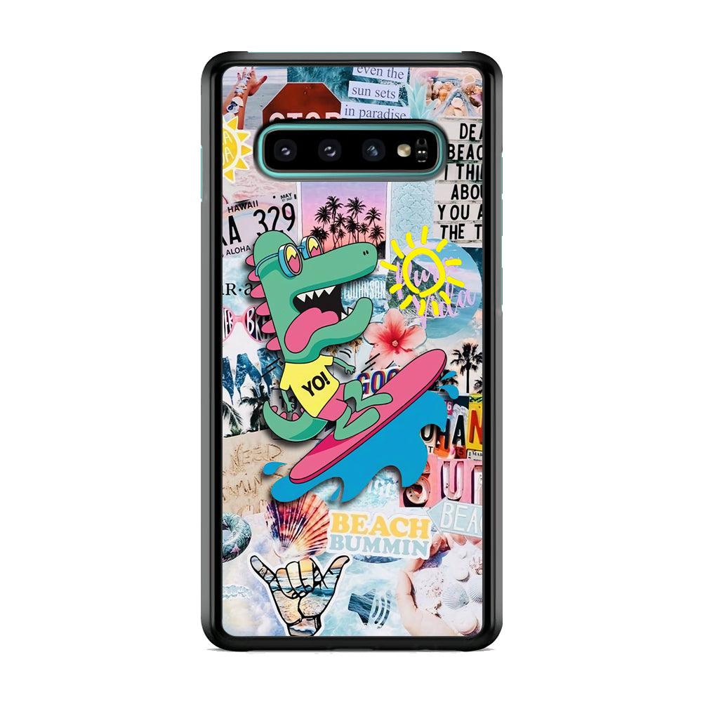 Dinosaur Surfing Time Samsung Galaxy S10 Case-Rubber Black (2D Case)-Oxvistore