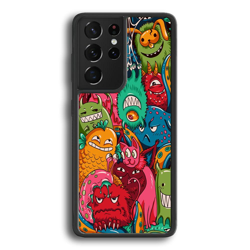 Doodle Monsters Get Together and Laugh Samsung Galaxy S24 Ultra Case-Rubber Black (2D Case)-Oxvistore
