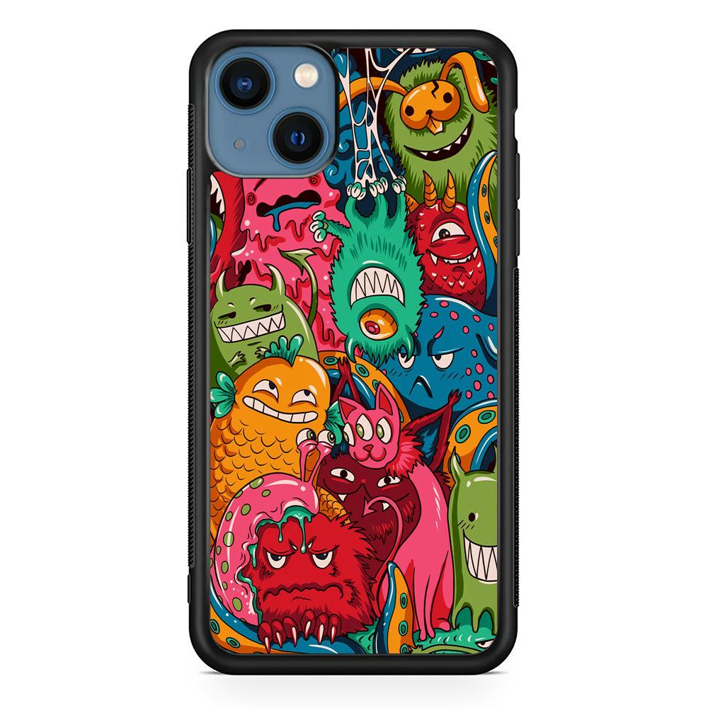 Doodle Monsters Get Together and Laugh iPhone 15 Case-Rubber Black (2D Case)-Oxvistore