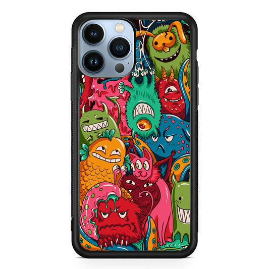 Doodle Monsters Get Together and Laugh iPhone 14 Pro Case-Rubber Black (2D Case)-Oxvistore