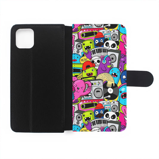 Doodle Monsters Music Pattern Flip Wallet Phone Case