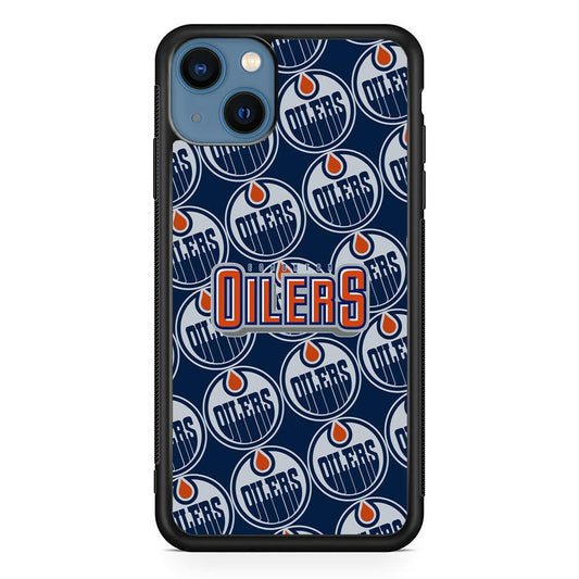 Edmonton Oilers Blue Patern Assembly iPhone 14 Case-Rubber Black (2D Case)-Oxvistore
