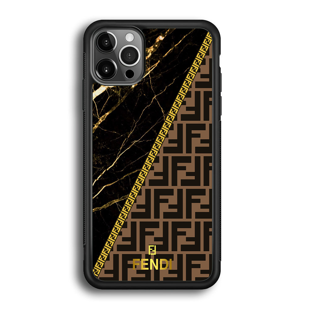 Fendi Patern Marble Gold iPhone 12 Pro Case-Rubber Black (2D Case)-Oxvistore