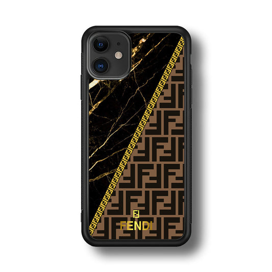 Fendi Patern Marble Gold iPhone 12 Case-Rubber Black (2D Case)-Oxvistore