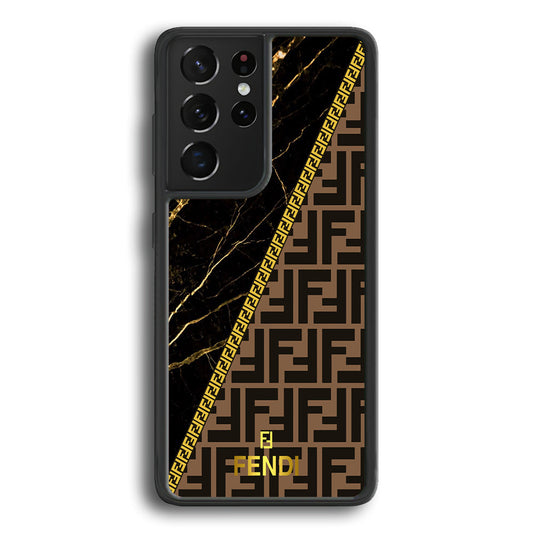 Fendi Patern Marble Gold Samsung Galaxy S23 Ultra Case-Rubber Black (2D Case)-Oxvistore