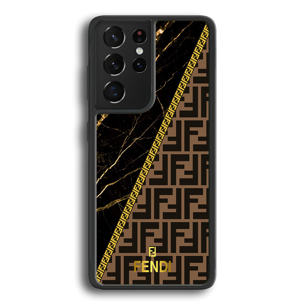 Fendi Patern Marble Gold Samsung Galaxy S21 Ultra Case-Rubber Black (2D Case)-Oxvistore