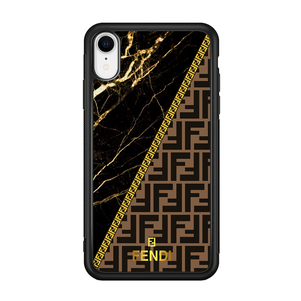 Fendi Patern Marble Gold iPhone XR Case-Rubber Black (2D Case)-Oxvistore