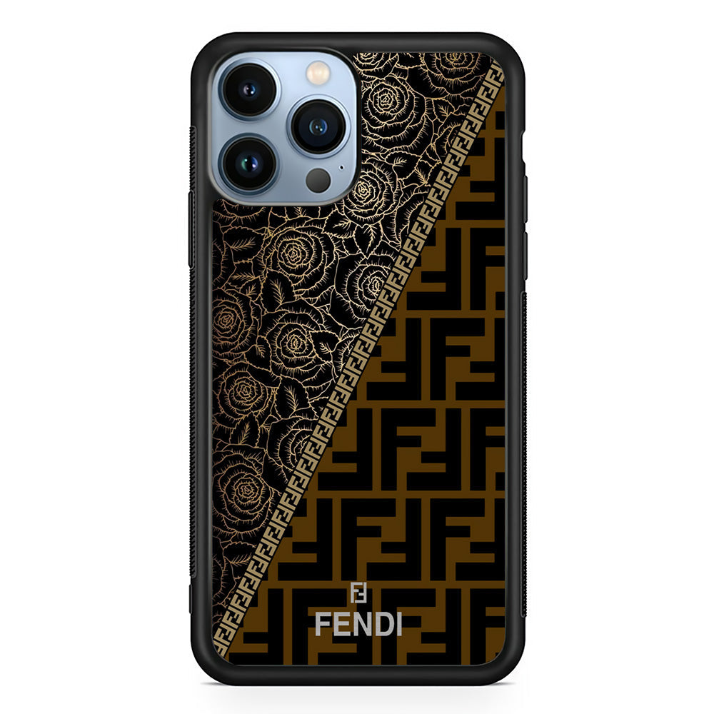Fendi Slices Black Rose iPhone 14 Pro Max Case-Rubber Black (2D Case)-Oxvistore