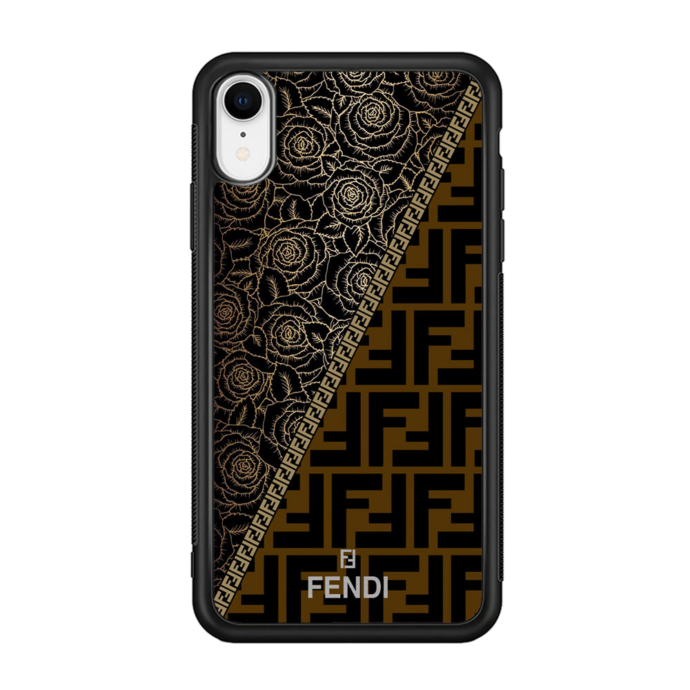 Fendi Slices Black Rose iPhone XR Case-Rubber Black (2D Case)-Oxvistore