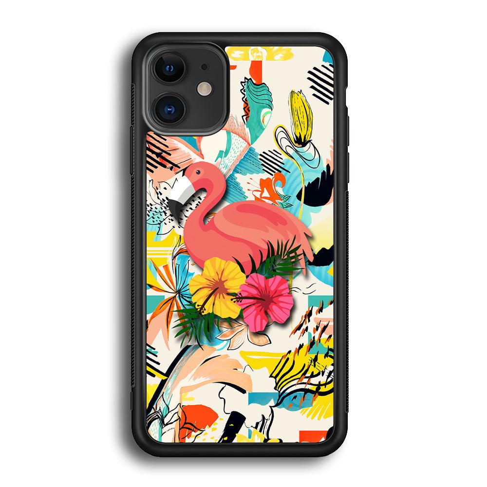 Flamingo Perch on Flower iPhone 11 Case-Rubber Black (2D Case)-Oxvistore
