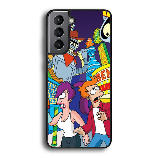 Futurama Scene on Planet City Samsung Galaxy S23 Case-Rubber Black (2D Case)-Oxvistore