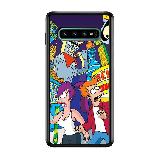Futurama Scene on Planet City Samsung Galaxy S10 Case-Rubber Black (2D Case)-Oxvistore