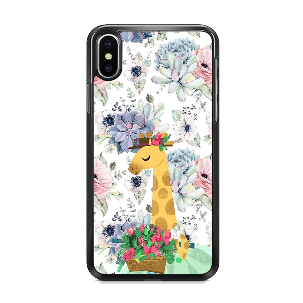 Giraffe Flower Bucket iPhone X Case-Rubber Black (2D Case)-Oxvistore
