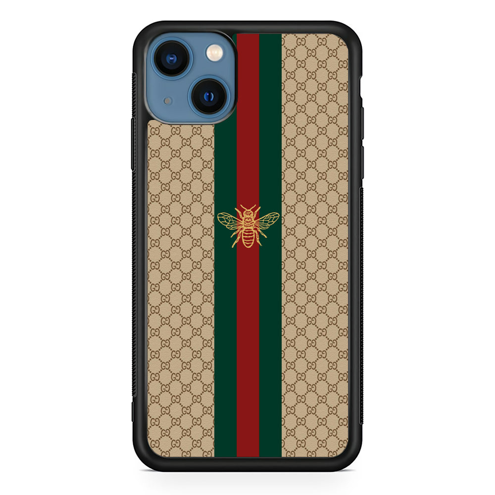 Gucci Latte Wall Stripe Bee Logo iPhone 15 Case-Rubber Black (2D Case)-Oxvistore