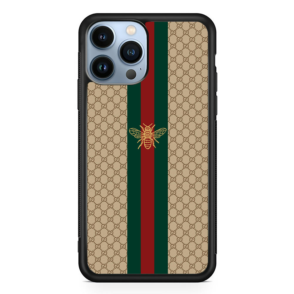 Gucci Latte Wall Stripe Bee Logo iPhone 13 Pro Case-Rubber Black (2D Case)-Oxvistore
