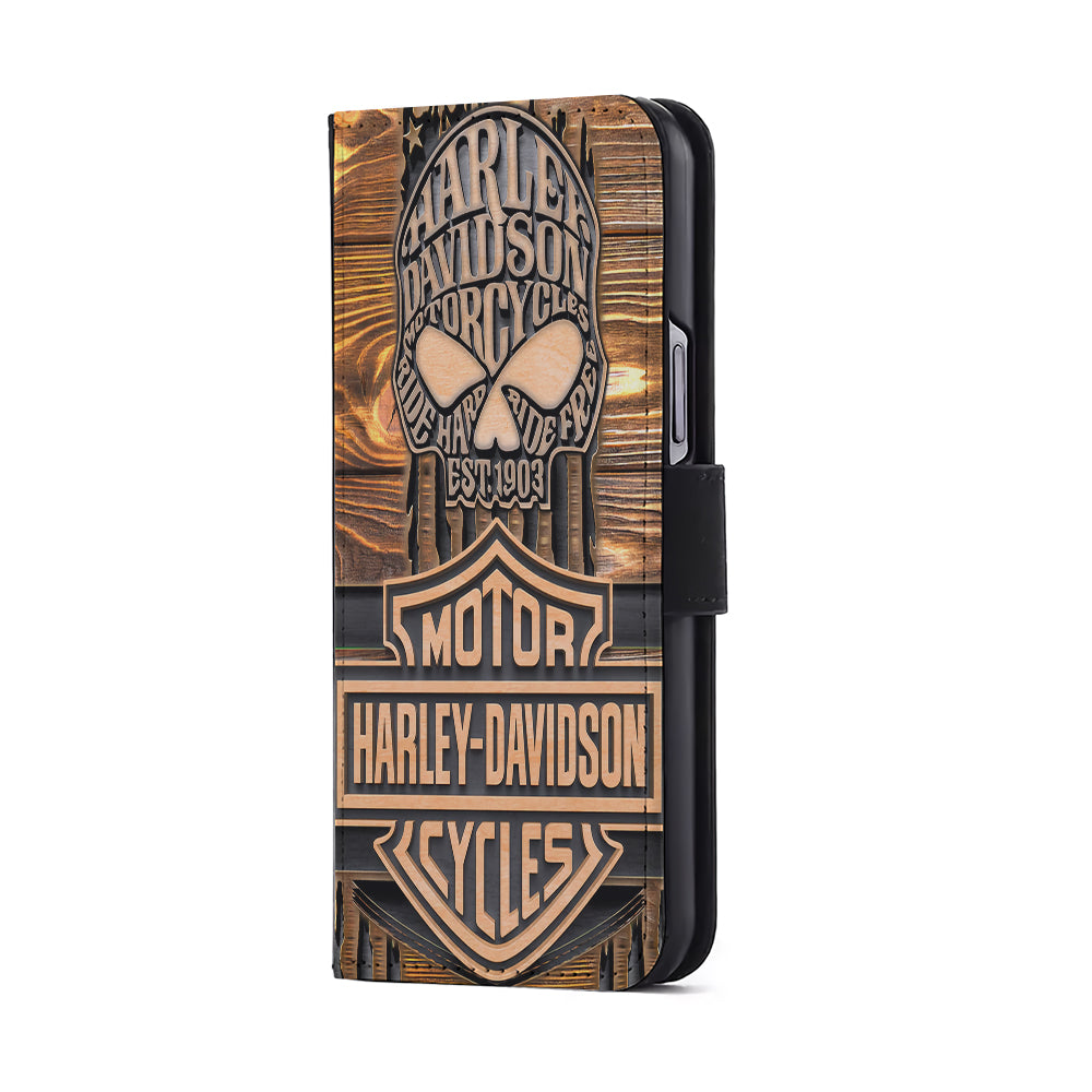 Harley Davidson Wooden Skull Flip Wallet Phone Case