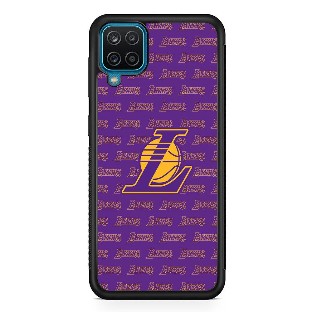 LA Lakers Neat Pattern Samsung Galaxy A12 Case-Rubber Black (2D Case)-Oxvistore