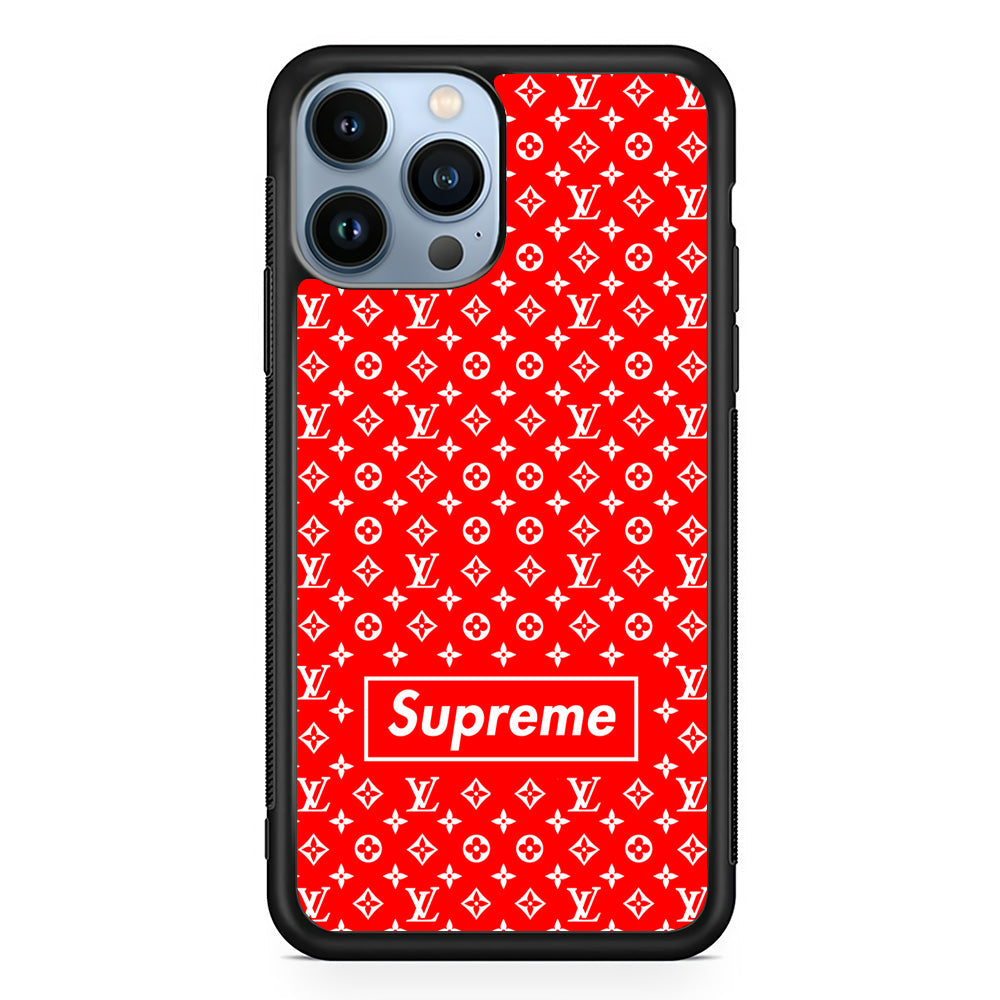 Louis Vuitton X Supreme Red Background iPhone 15 Pro Max Case-Rubber Black (2D Case)-Oxvistore