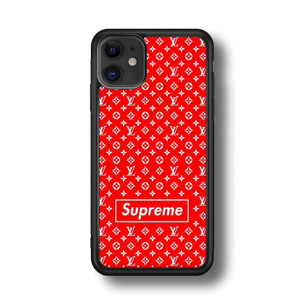 Louis Vuitton X Supreme Red Background iPhone 12 Case-Rubber Black (2D Case)-Oxvistore