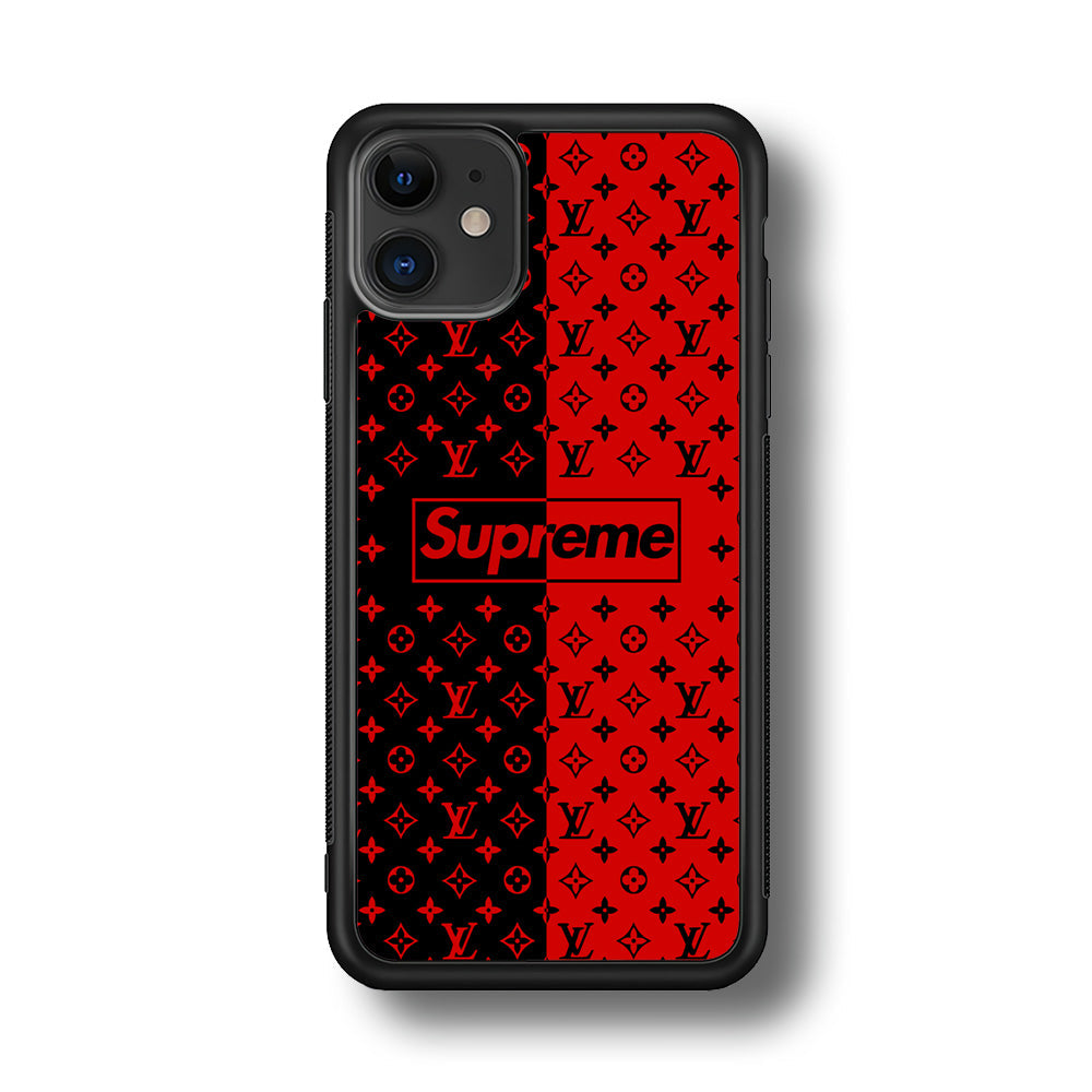 Louis Vuitton X Supreme Red Black iPhone 12 Case-Rubber Black (2D Case)-Oxvistore