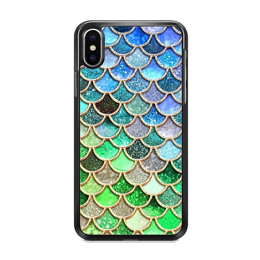 Mermaid Blue Green Shiny Shell iPhone XS Case-Rubber Black (2D Case)-Oxvistore