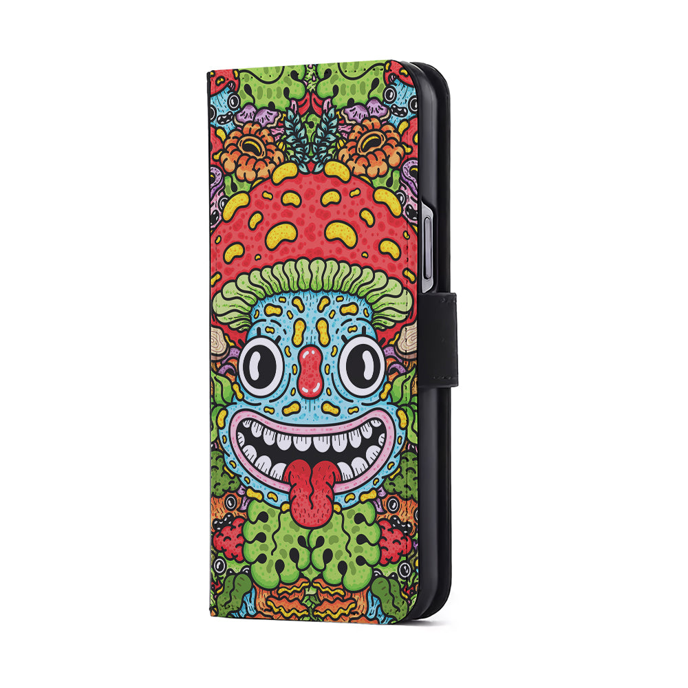 Mushroom Face Doodle Flip Wallet Phone Case