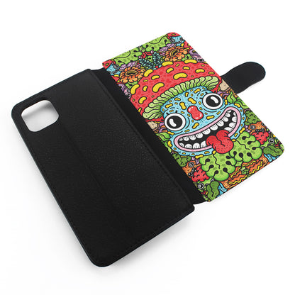 Mushroom Face Doodle Flip Wallet Phone Case