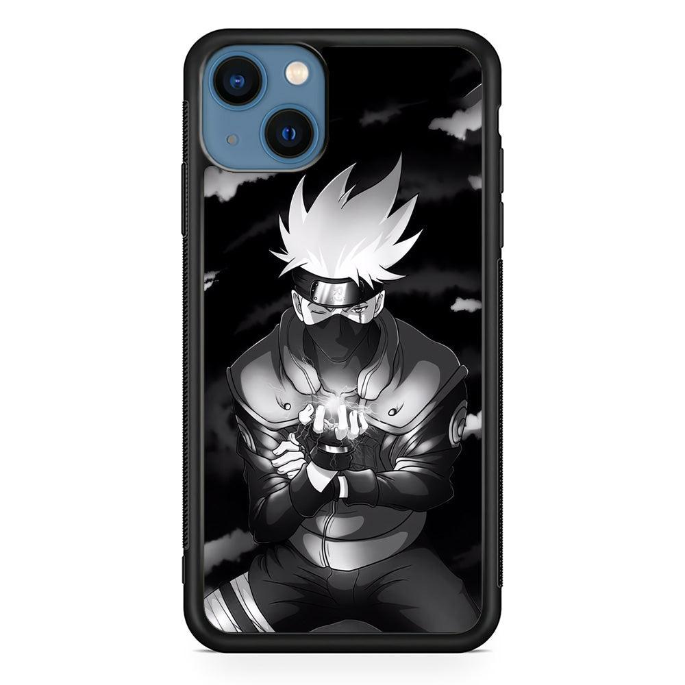 Naruto B&W Kakashi Chidori iPhone 14 Plus Case-Rubber White (2D Case)-Oxvistore