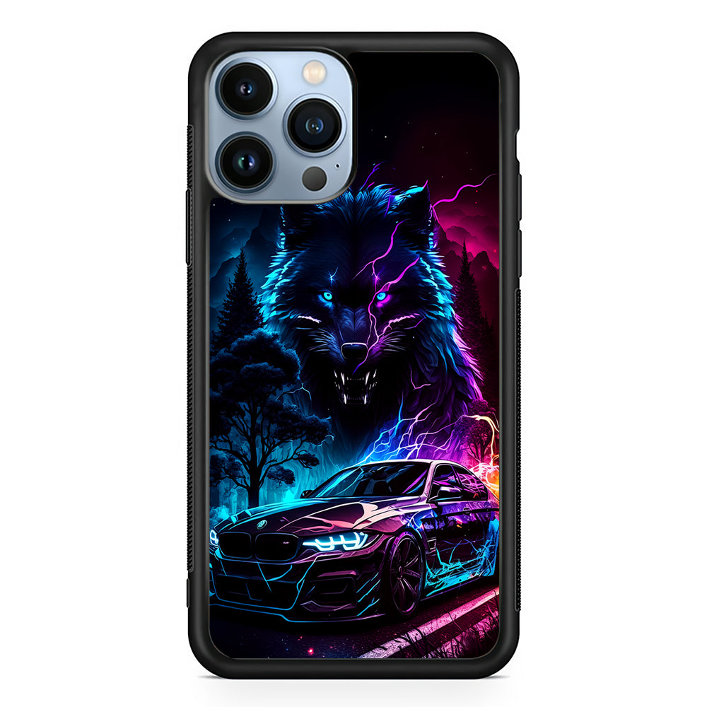 Neon Wolf and Car Northern 2D Rubber Phone Case