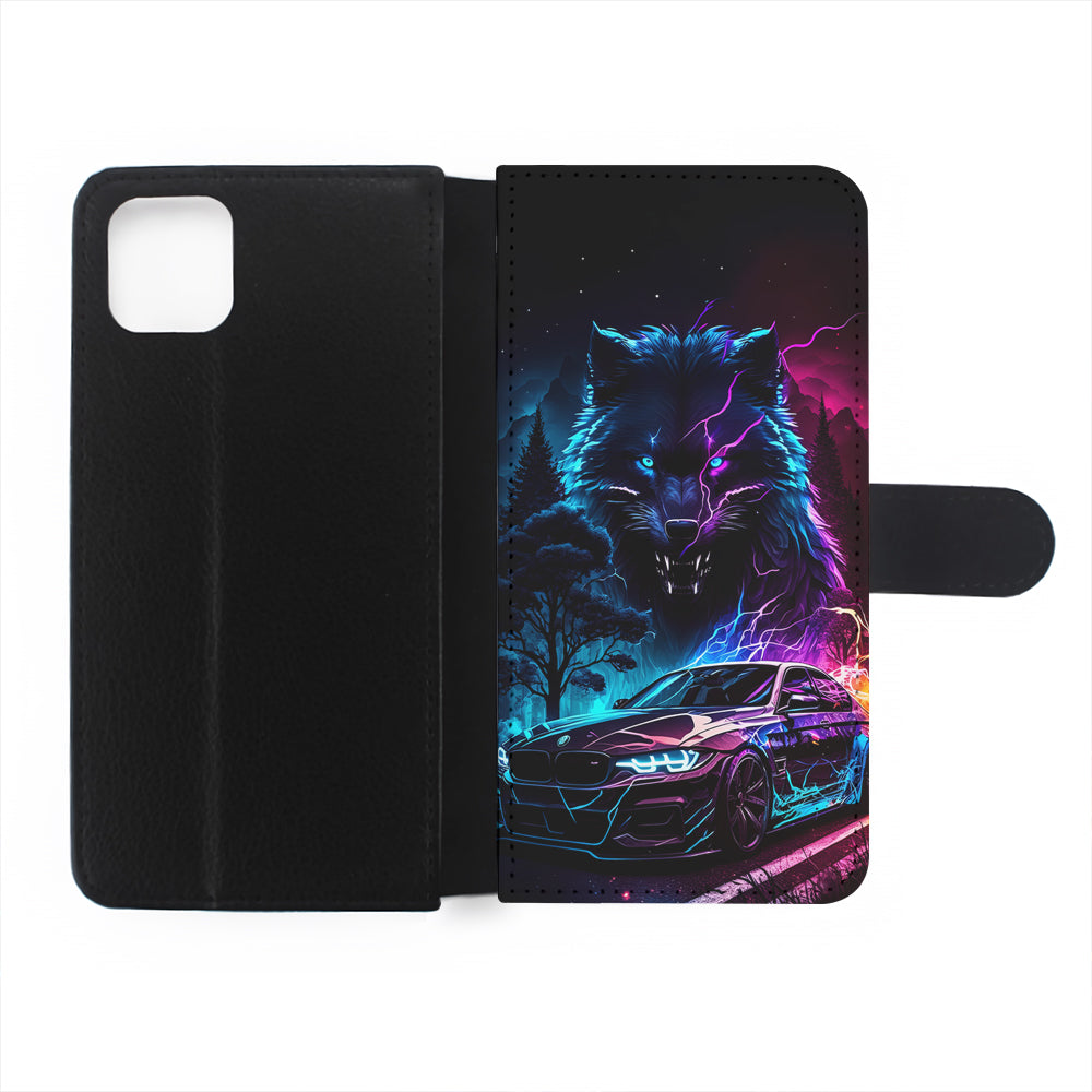 Neon Wolf and Car Northern Flip Wallet Phone Case