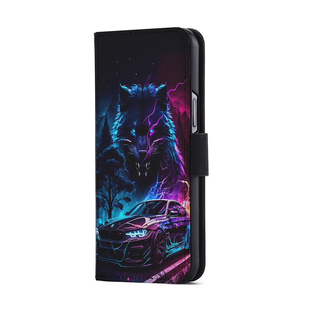 Neon Wolf and Car Northern Flip Wallet Phone Case