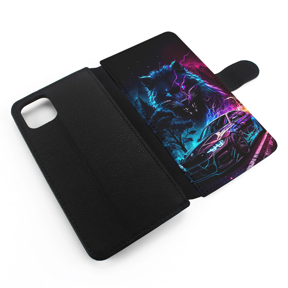 Neon Wolf and Car Northern Flip Wallet Phone Case