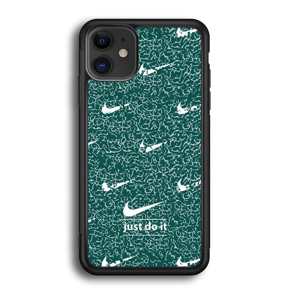 Nike White in Green Patern iPhone 12 Case-Rubber Black (2D Case)-Oxvistore