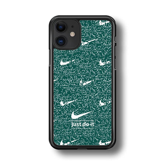 Nike White in Green Patern iPhone 11 Case-Rubber Black (2D Case)-Oxvistore