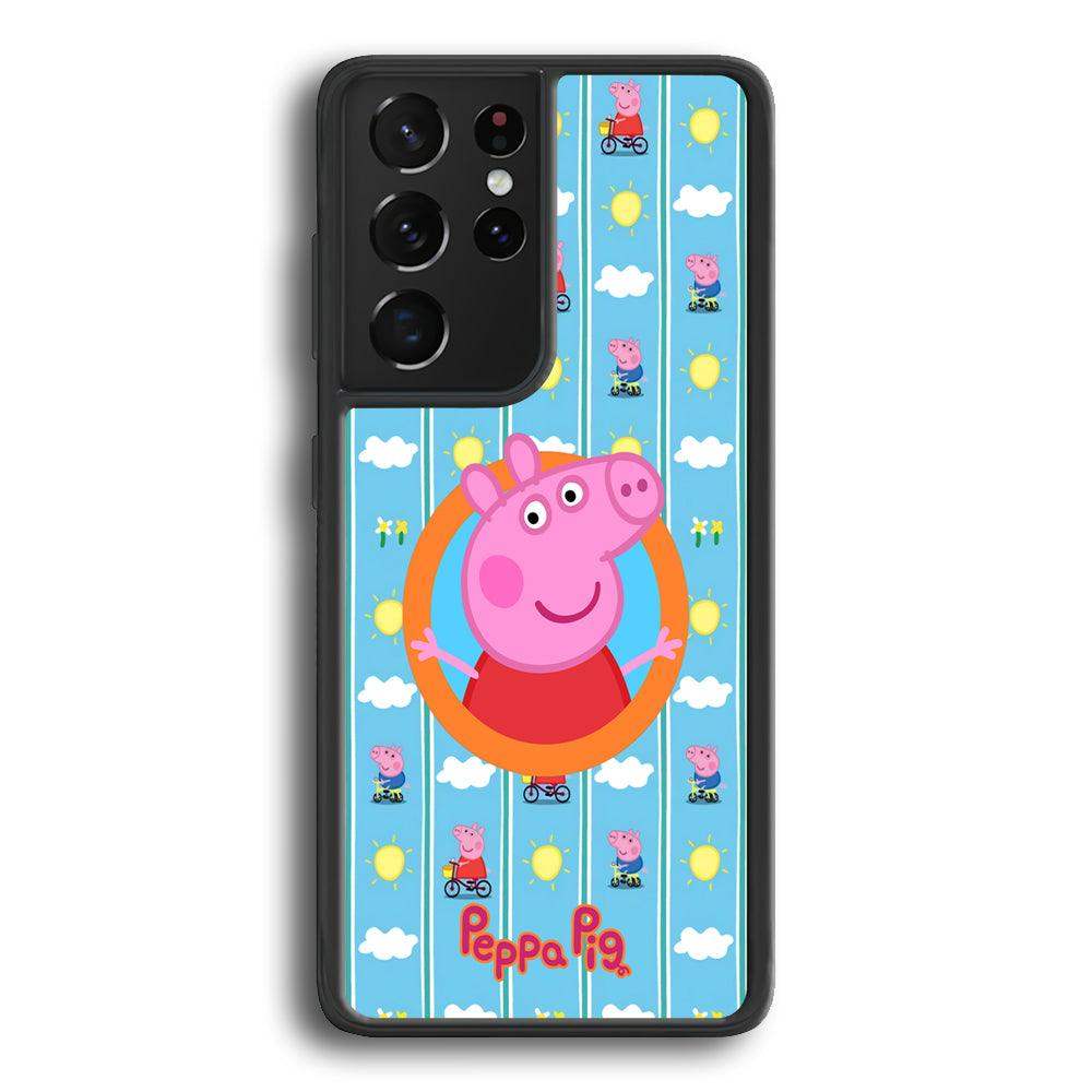 Peppa Pig Circle Frame Samsung Galaxy S21 Ultra Case-Rubber Black (2D Case)-Oxvistore